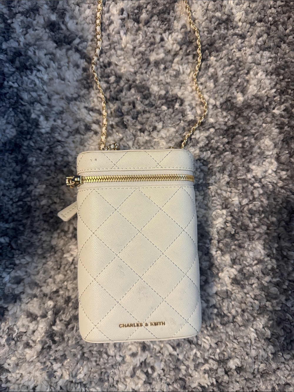 Charles & Keith Cream Quilted Crossbody Phone Pouch with Gold Chain